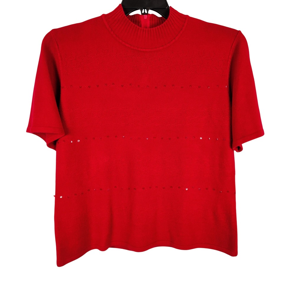 NWT Koret Womens L Mock Neck Sequin Short Sleeve Sweater Red Holiday Classic